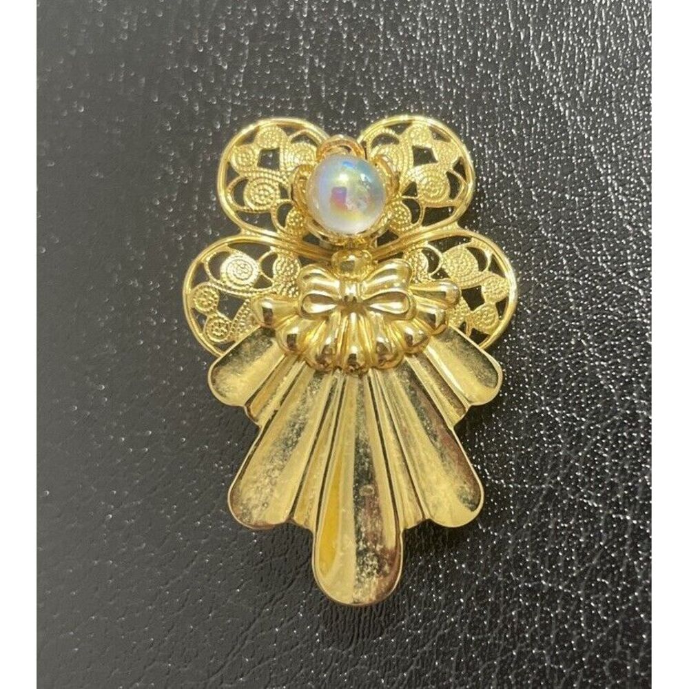 Angel Brooch Pin Jane AOL 1998 Gold Tone Filigree‎ (Signed) Christmas ✨Vintage